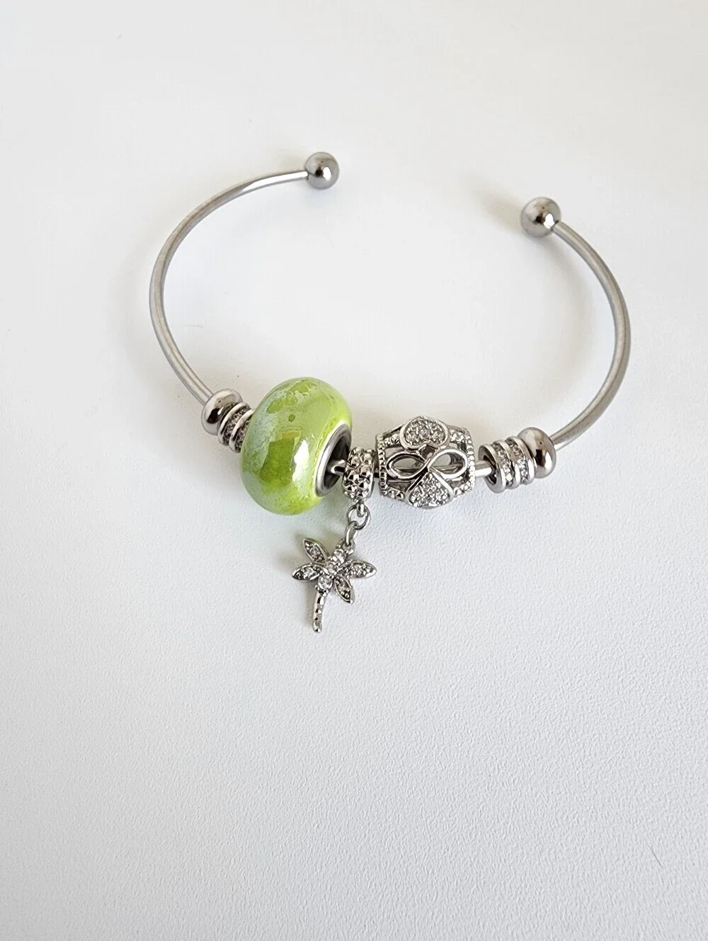 Silver Tone Bangle Bracelet Green Murano Glass Bead Dragonfly Can Add Charms